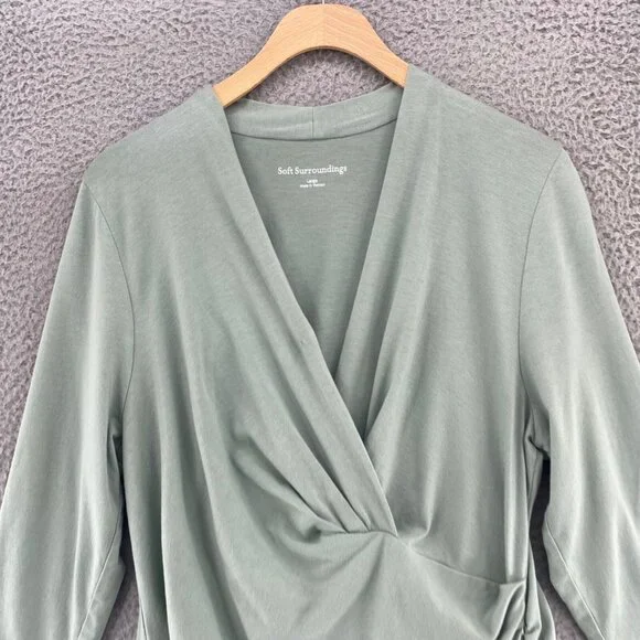 Soft Surroundings Top Womens Large Alondra Knit Green Surplice Stretch Ruched - Picture 2 of 9